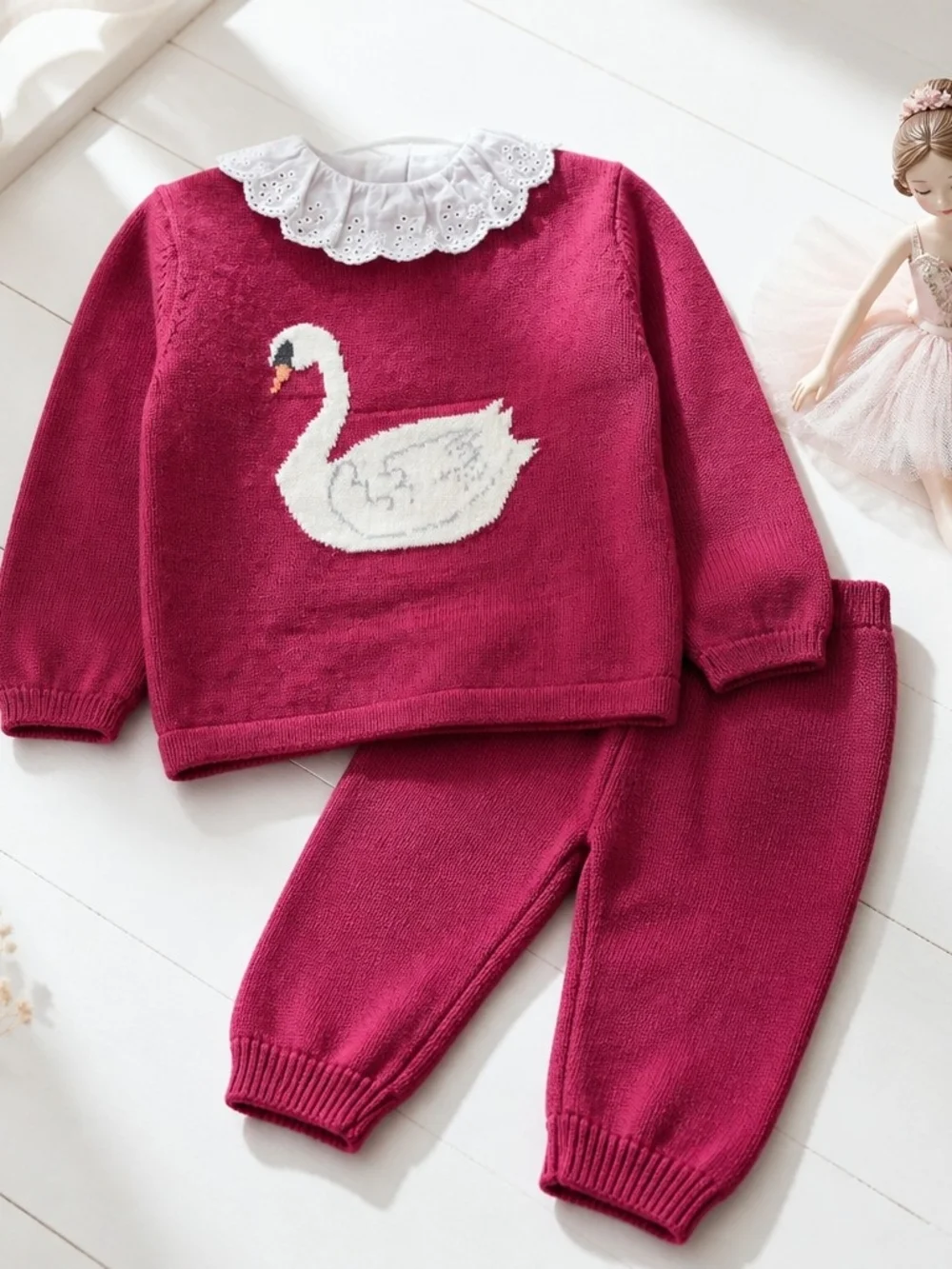 Kids Burgundy Swan Knit Set with White Collar